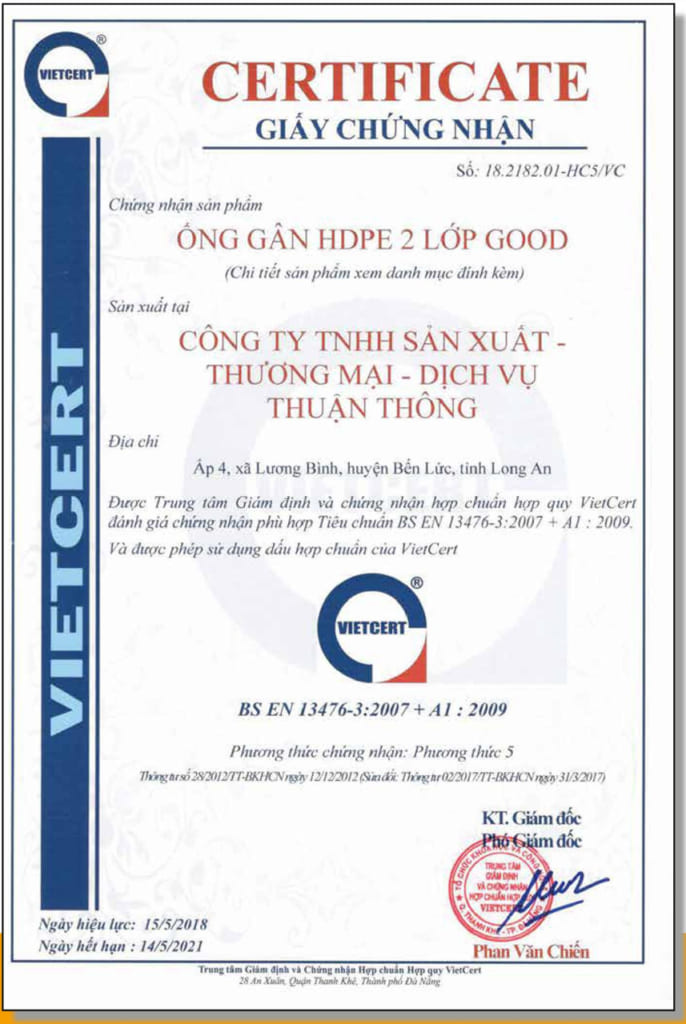 Giấy chứng nhận ống gân 2 lớp Good của công ty Thuận Thông
