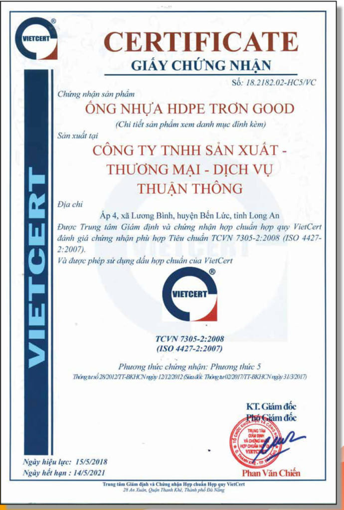 Giấy chứng nhận ống HDPE trơn Good của công ty Thuận Thông