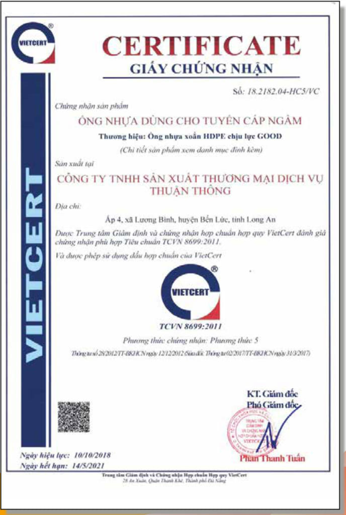 Giấy chứng nhận ống nhựa dùng cho tuyến cáp ngầm Good của công ty Thuận Thông