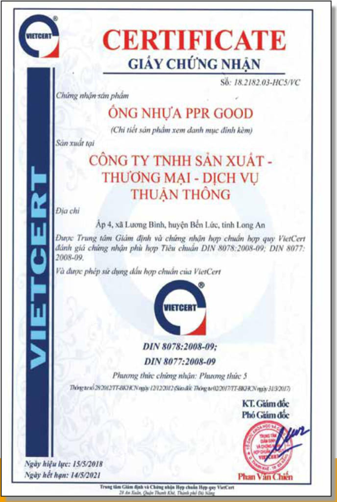 Giấy chứng nhận ống nhựa PPR Good của công ty Thuận Thông